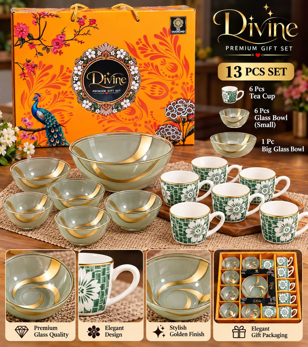 Divine Gift Set – 6 Tea Cups + 6 Bowls + 1 Big Bowl