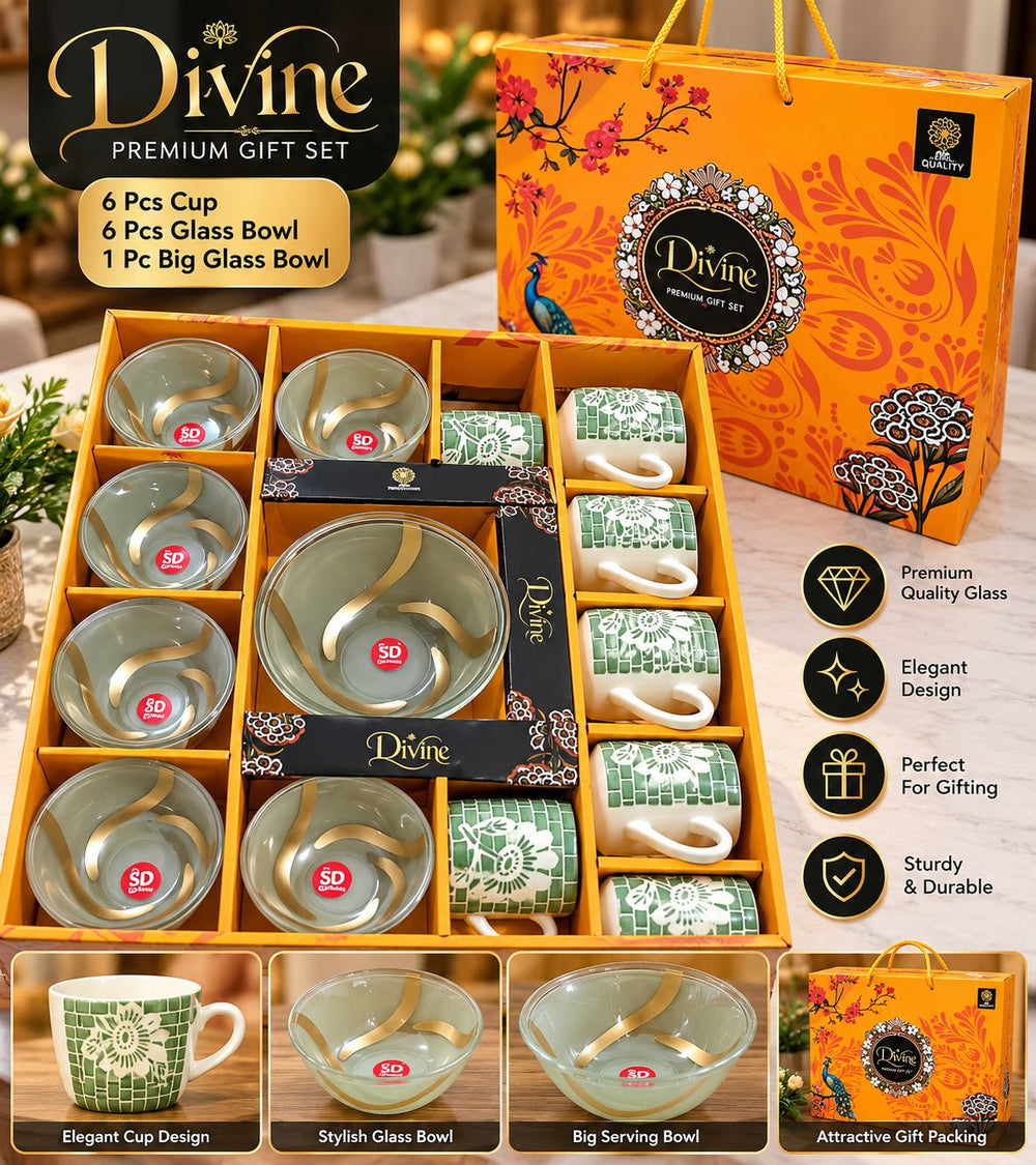 Divine Gift Set – 6 Tea Cups + 6 Bowls + 1 Big Bowl