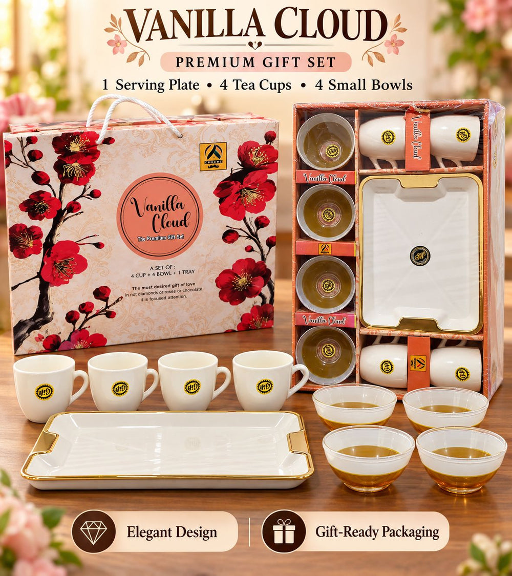 Vanilla Cloud Gift Set – 9 Pcs (Plate, 4 Bowls, 4 Cups)