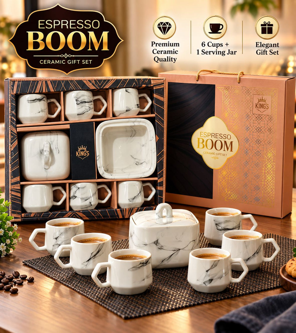 Espresso Boom Gift Set – 6 Ceramic Cups + Ceramic Jar