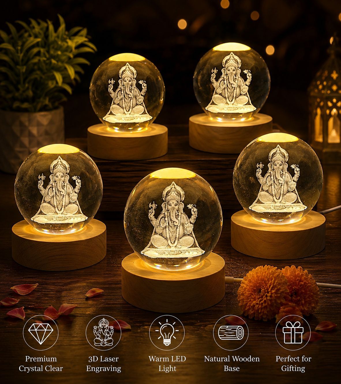 Ganesh & Laxmi 3D Crystal LED Ball – Pair
