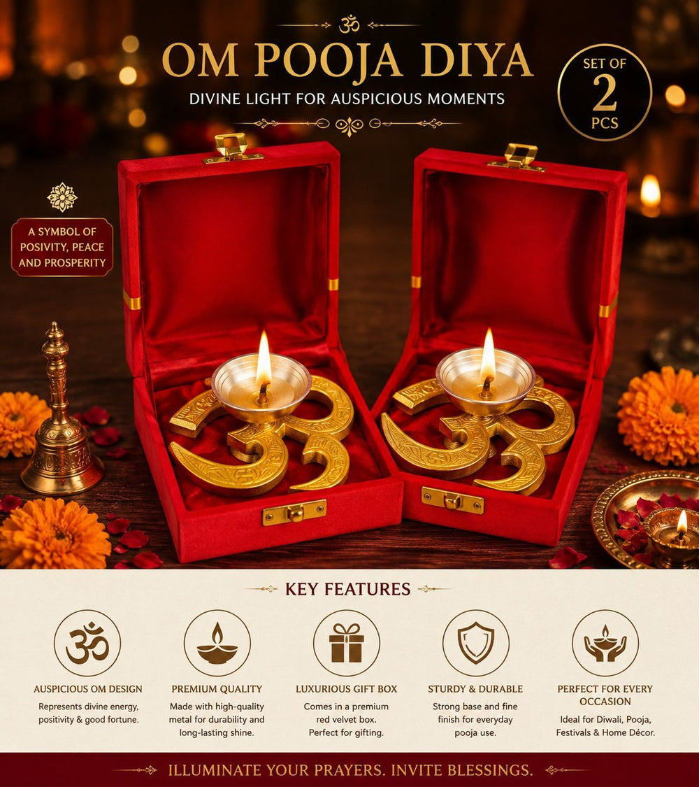 Premium Metal Pooja Diya – Swastik, Tortoise, Om