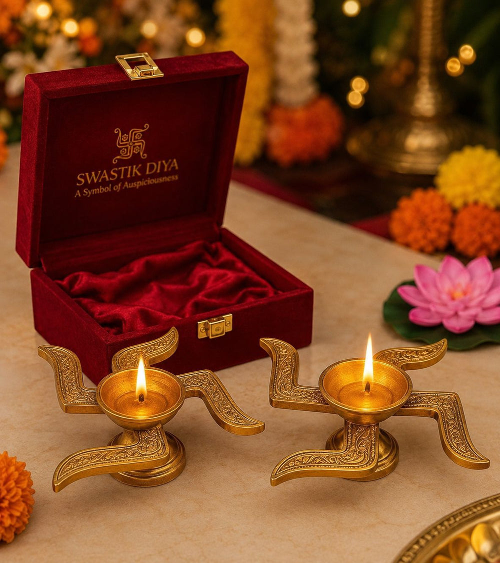 Premium Metal Pooja Diya – Swastik, Tortoise, Om