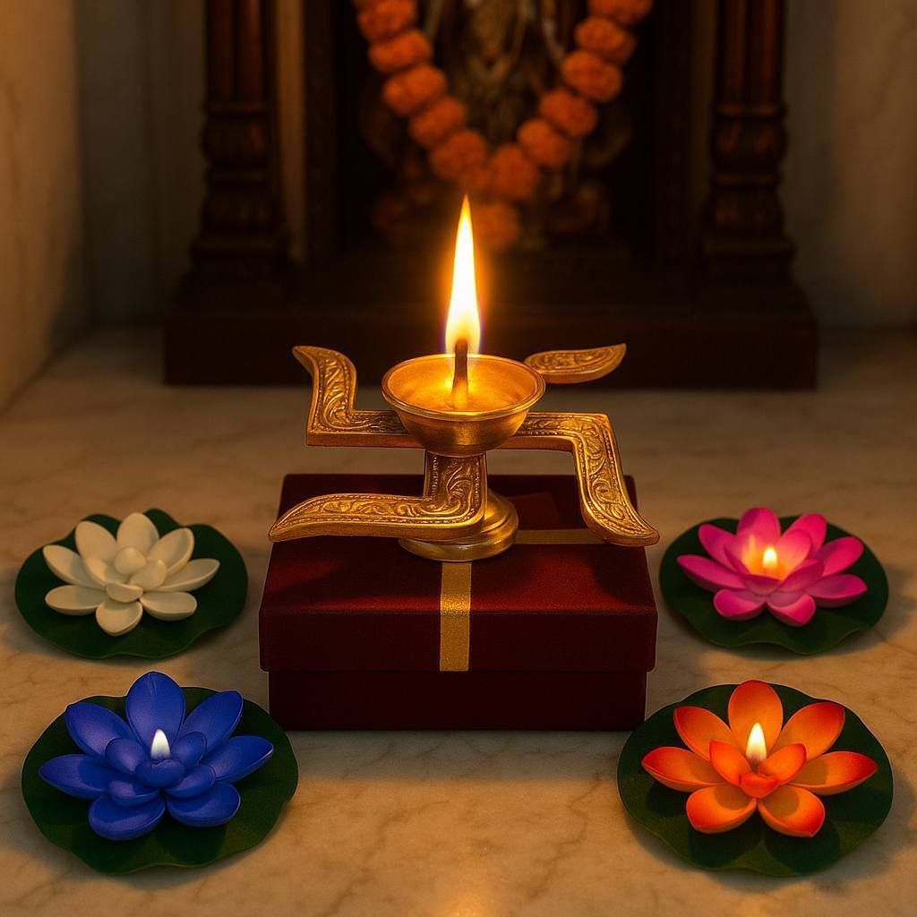Premium Metal Pooja Diya – Swastik, Tortoise, Om