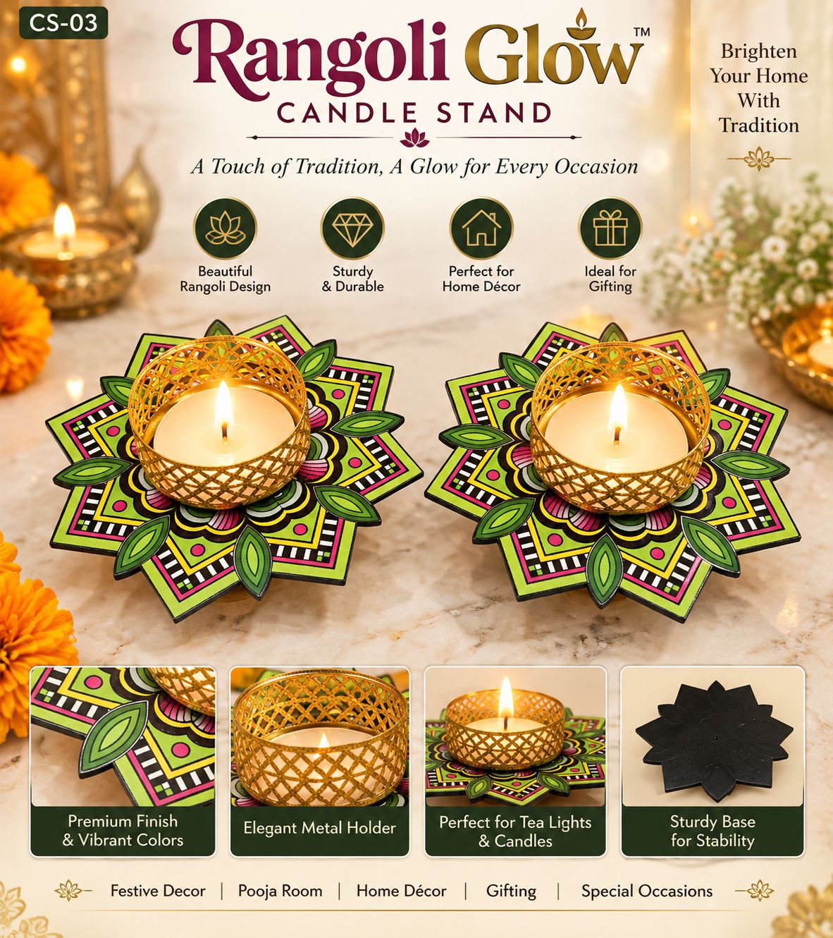 Rangoli Glow Candle Stand – Set of 2