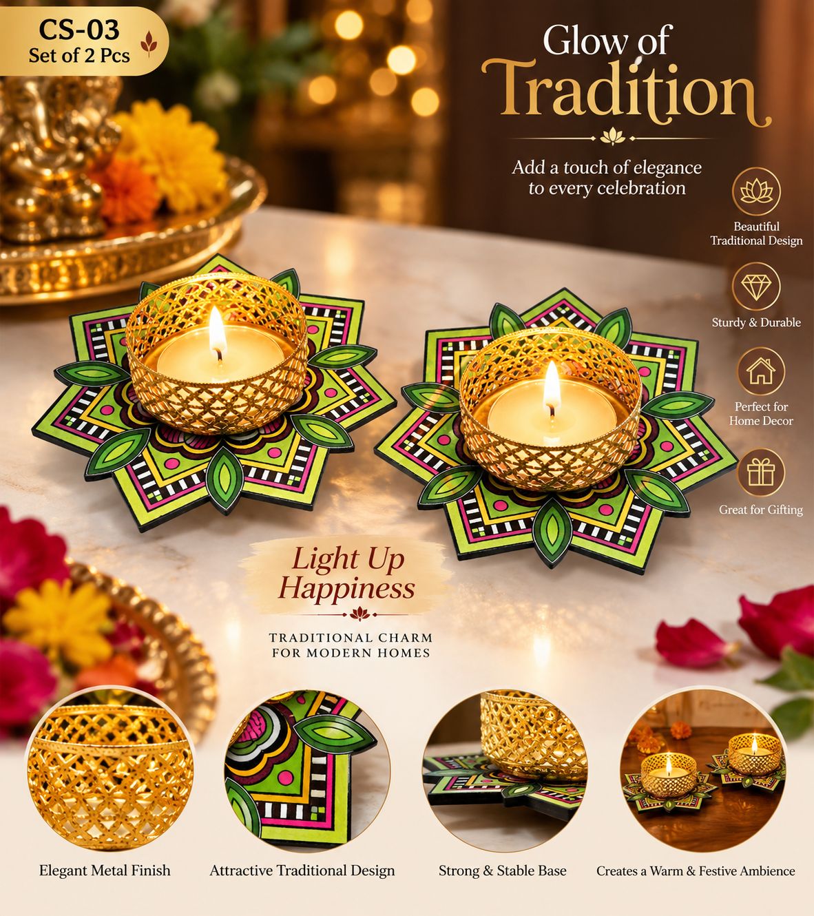 Rangoli Glow Candle Stand – Set of 2
