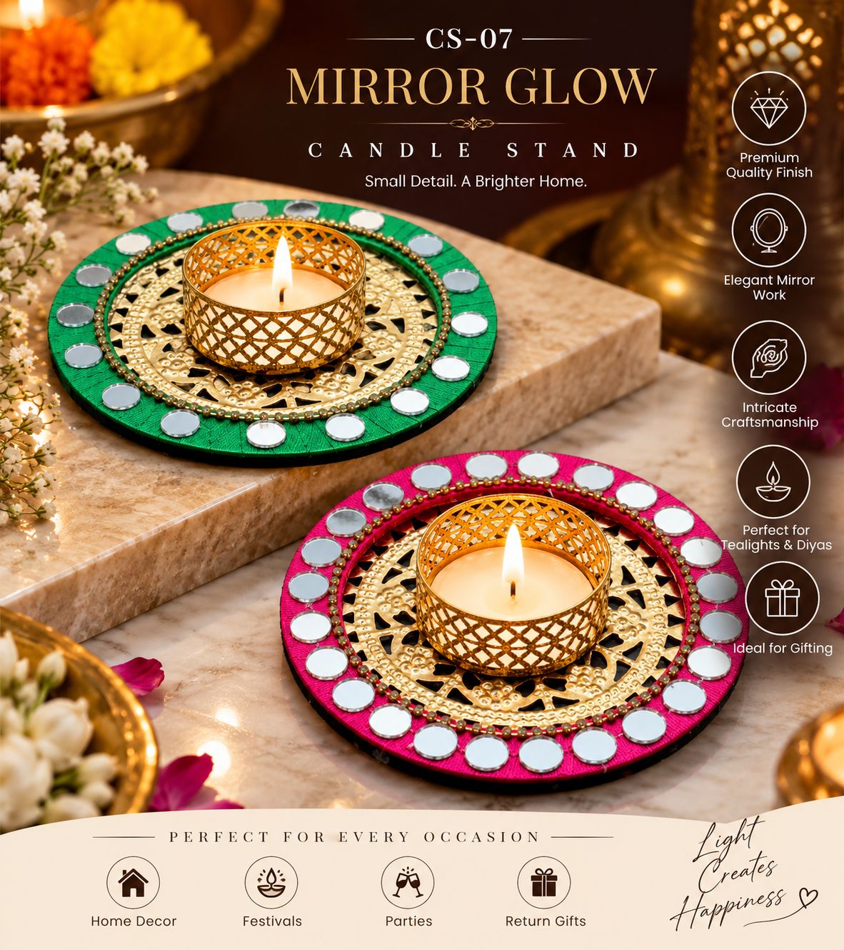 Mirror Glow Round Candle Stand (CS-07) – Set of 2
