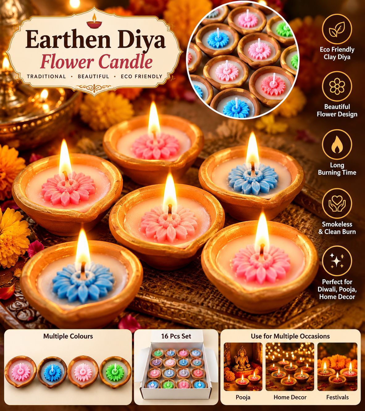 Earthen Flower Diya Candles – Set of 16