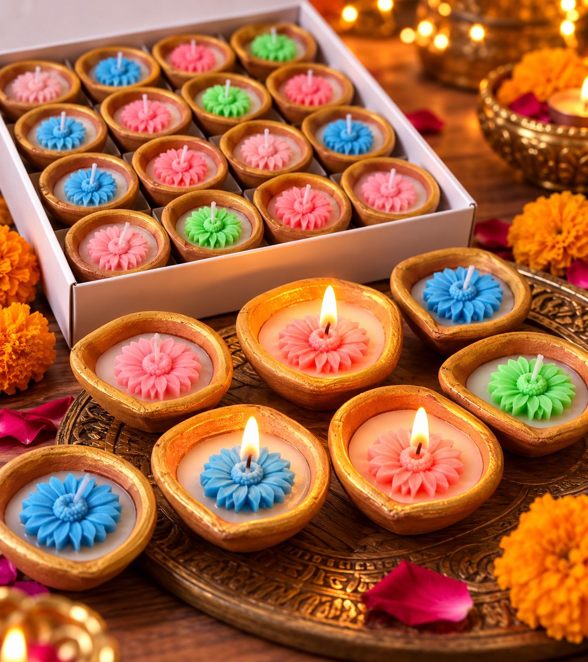 Earthen Flower Diya Candles – Set of 16