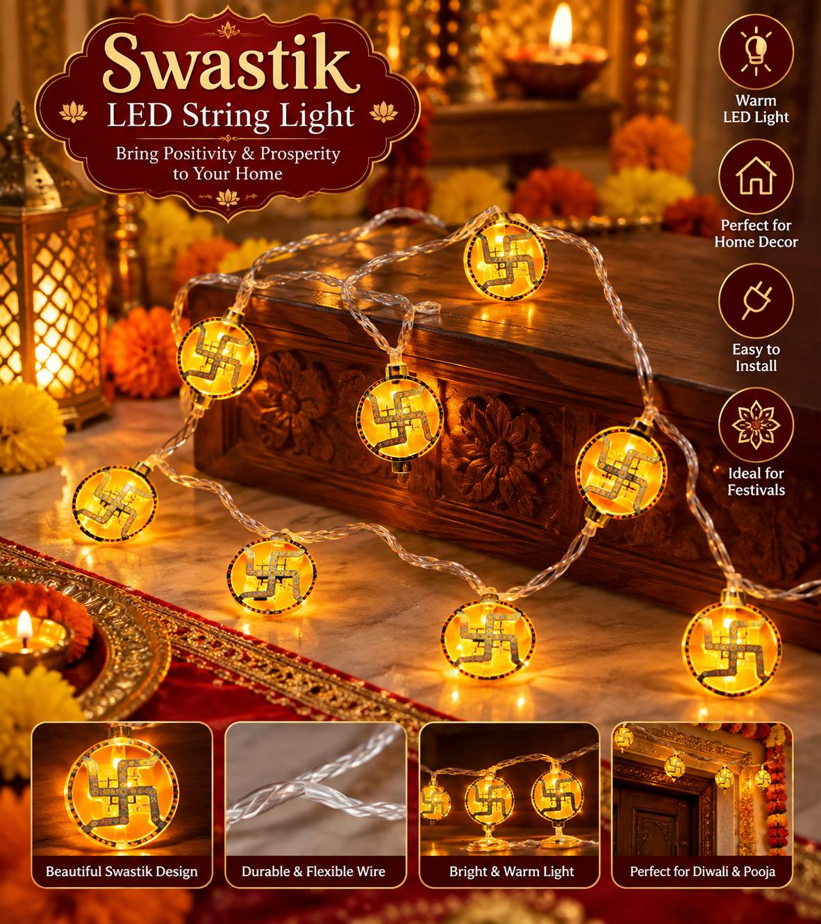 Golden LED Diwali Light – Om, Swastik, Laxmi, Ganesh