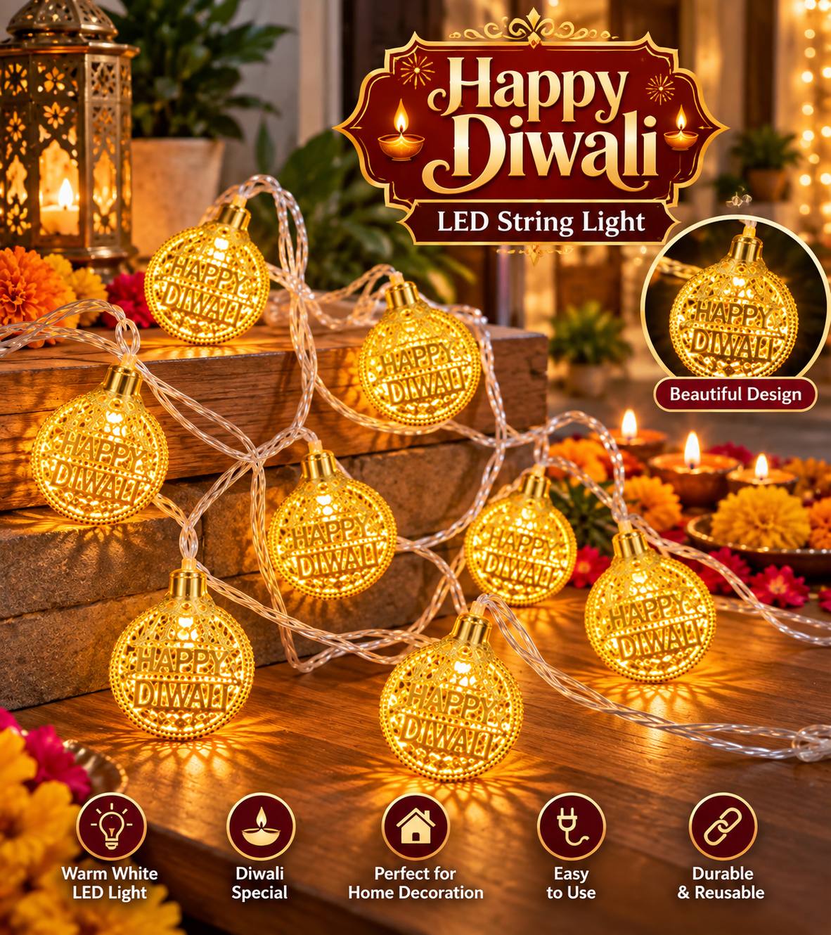 Golden LED Diwali Light – Om, Swastik, Laxmi, Ganesh