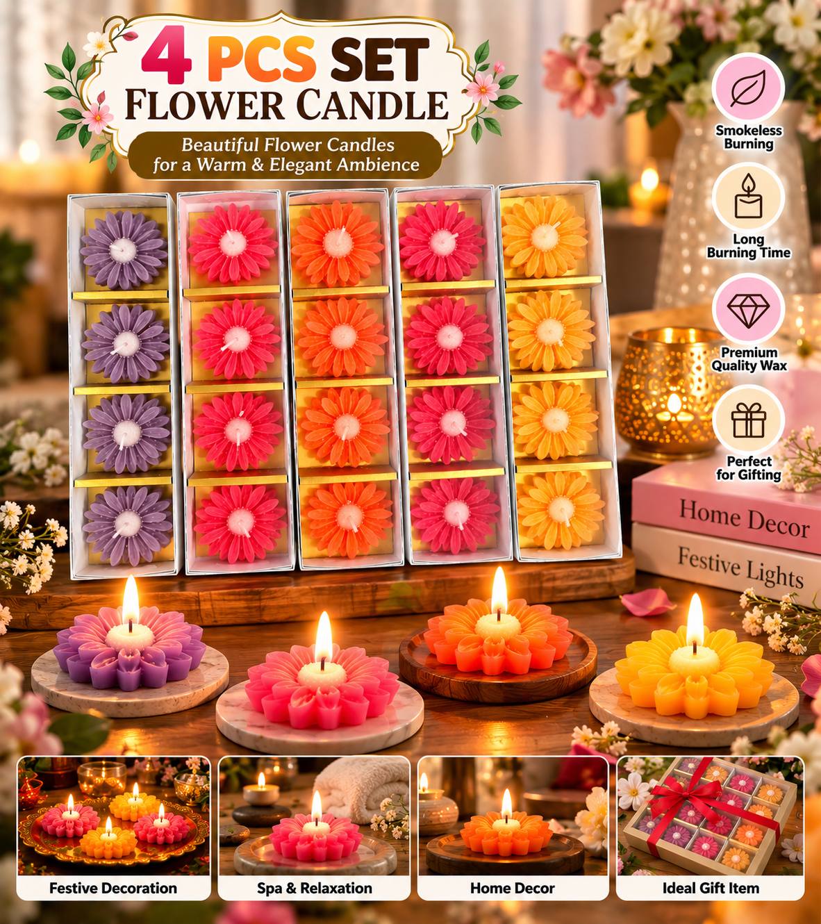 3D Flower Candles – Set of 4