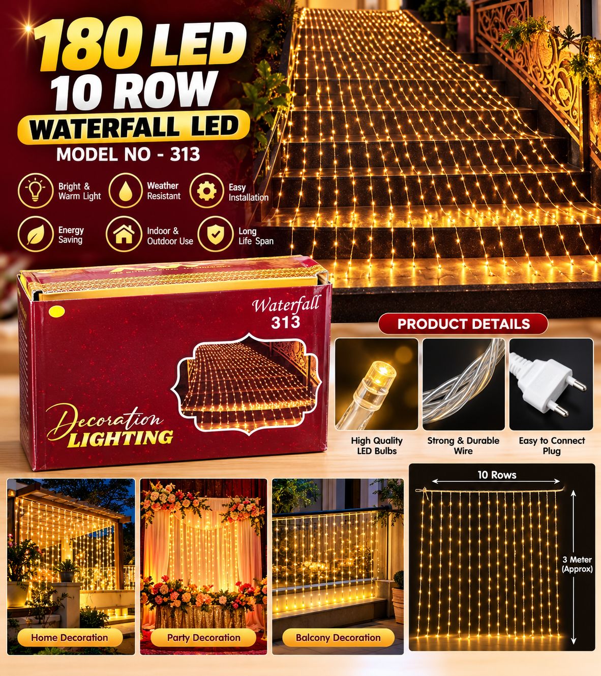 180 LED Waterfall Curtain Light – 10 Rows