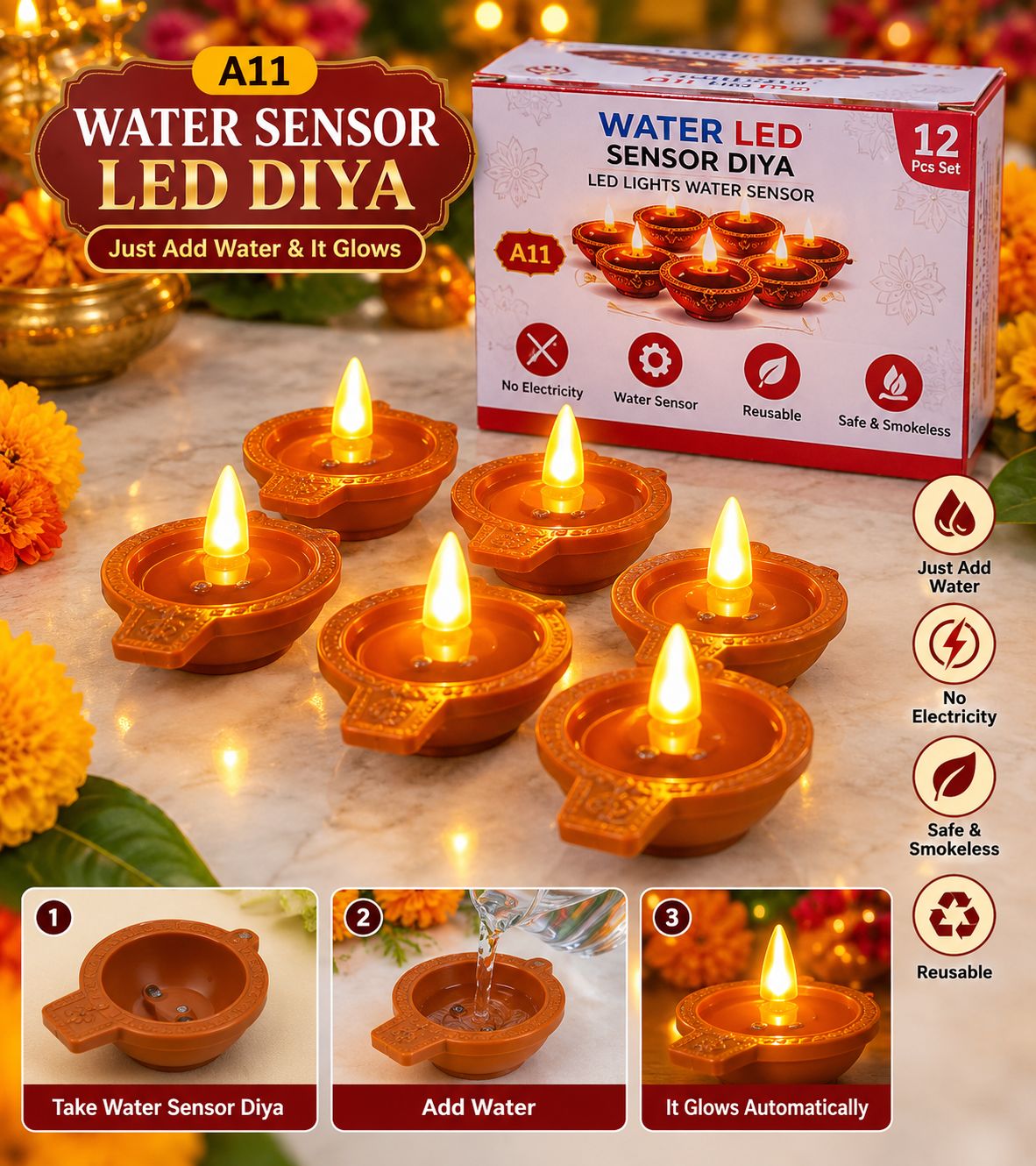 Flameless LED Diya – Pack of 12
