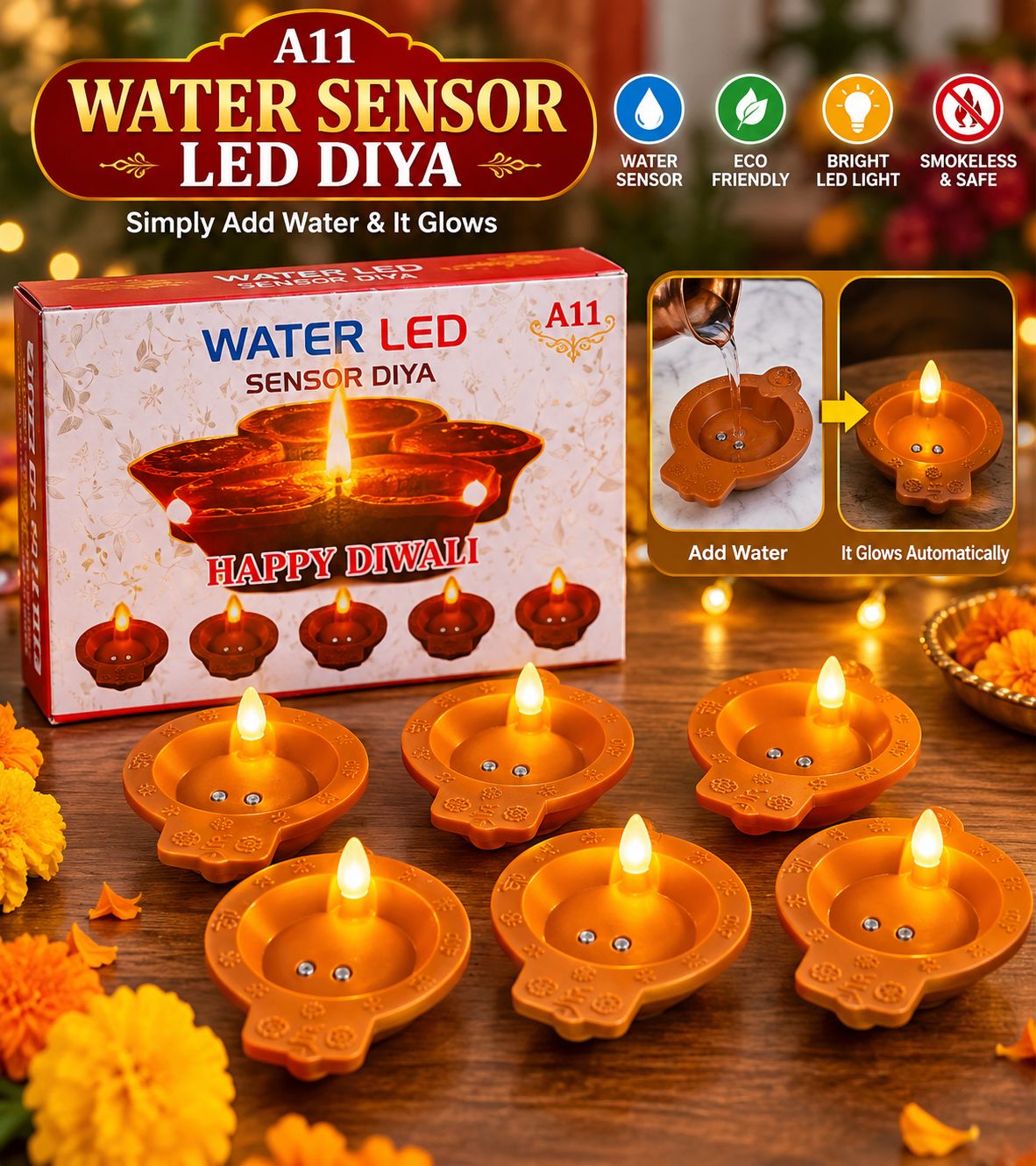 Flameless Diwali Kit – 24 LED Diyas + 2 Crystal Balls