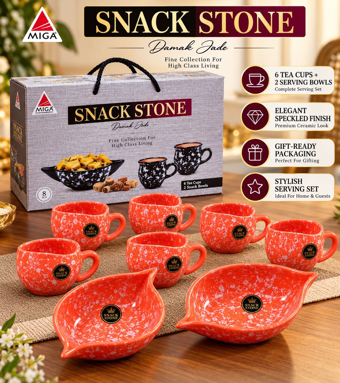 Snack Stone Gift Set – 6 Tea Cups + 2 Platters