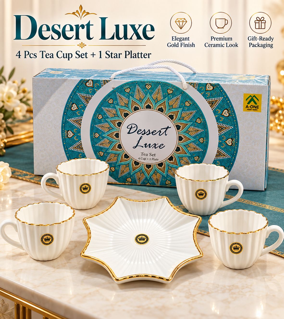 Desert Luxe Gift Set – 4 Tea Cups + Star Platter