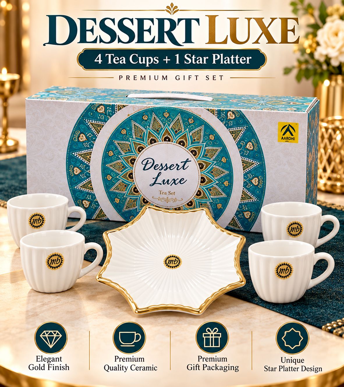Desert Luxe Gift Set – 4 Tea Cups + Star Platter