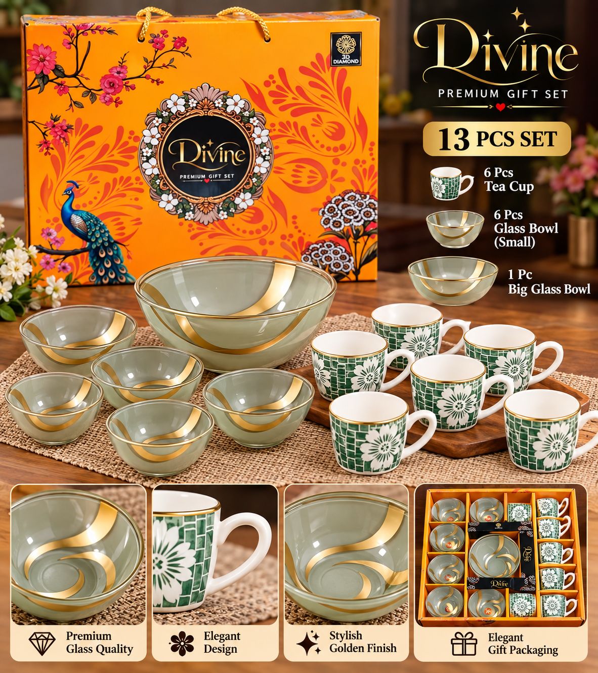 Divine Gift Set – 6 Tea Cups + 6 Bowls + 1 Big Bowl