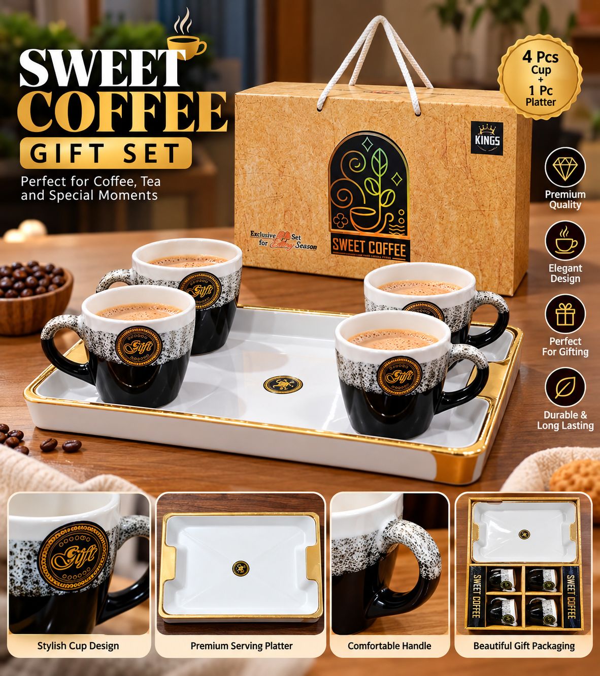Sweet Coffee Gift Set – 4 Tea Cups + 1 Big Platter