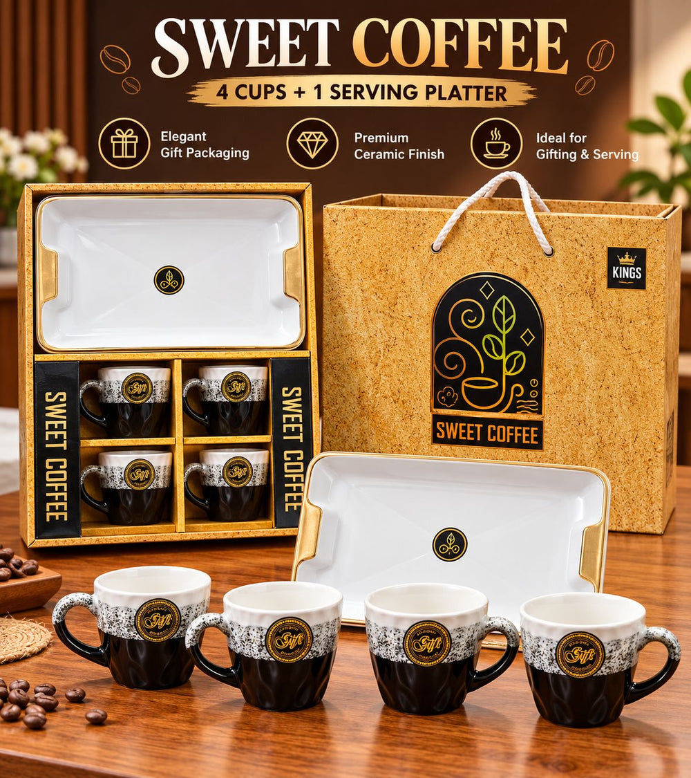 Sweet Coffee Gift Set – 4 Tea Cups + 1 Big Platter