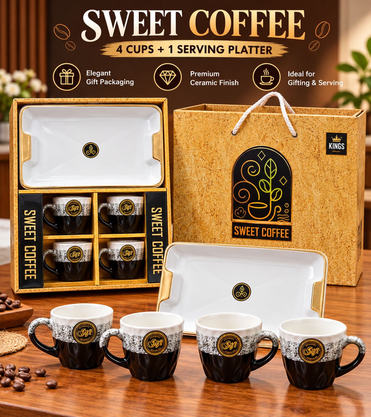 Sweet Coffee Gift Set – 4 Tea Cups + 1 Big Platter
