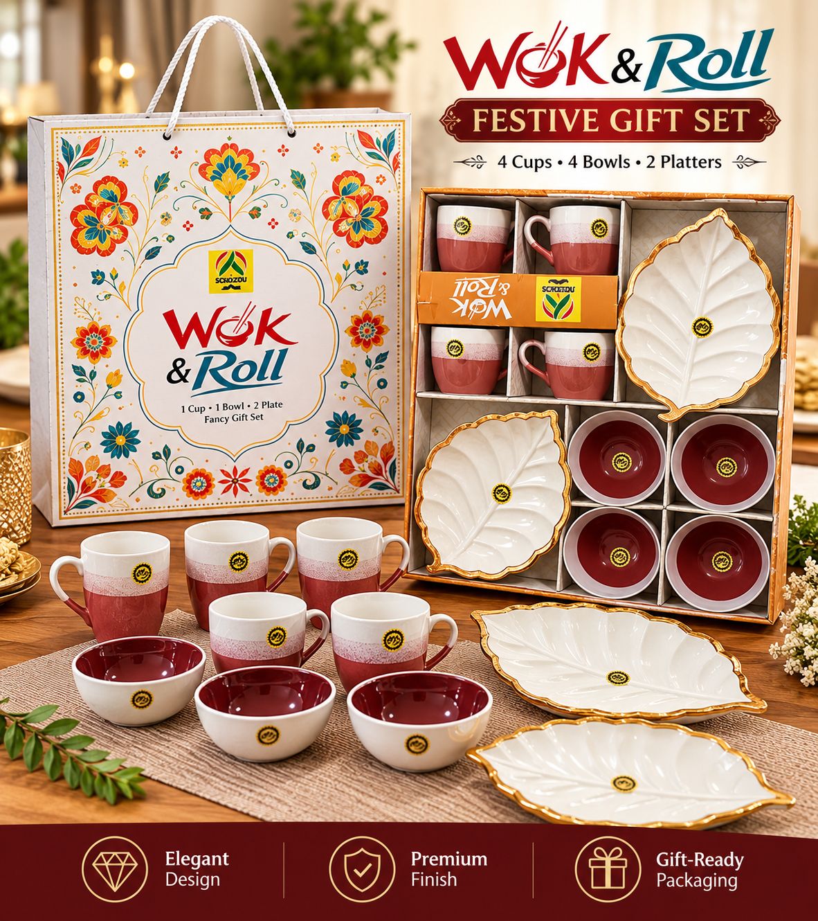 Wok & Roll Gift Set – 4 Cups + 4 Bowls + 2 Platters