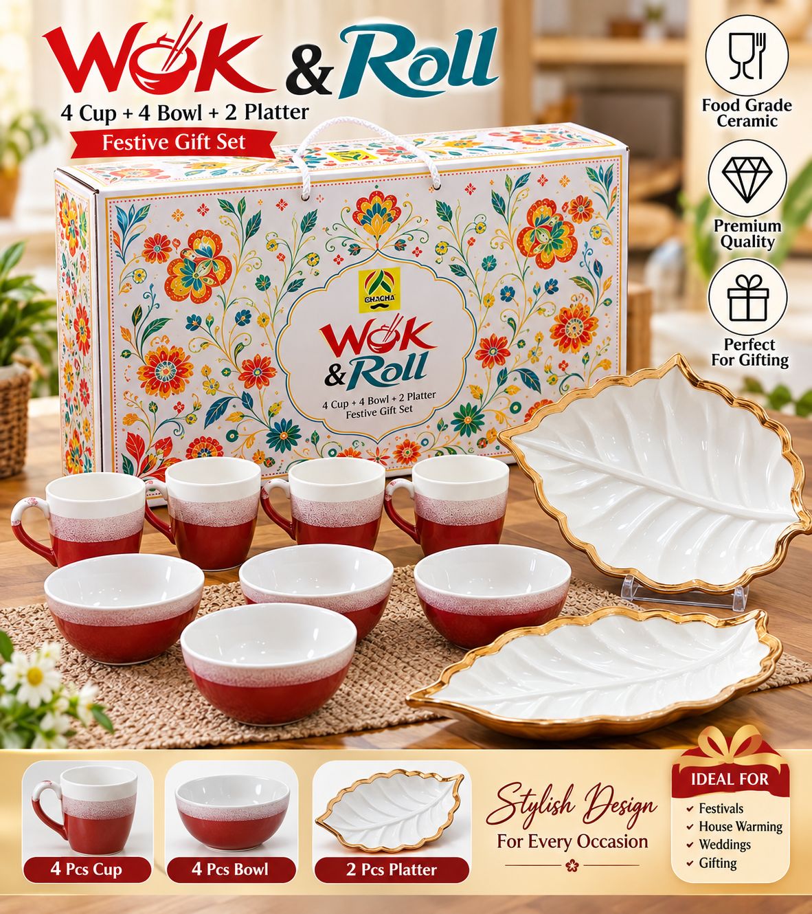 Wok & Roll Gift Set – 4 Cups + 4 Bowls + 2 Platters