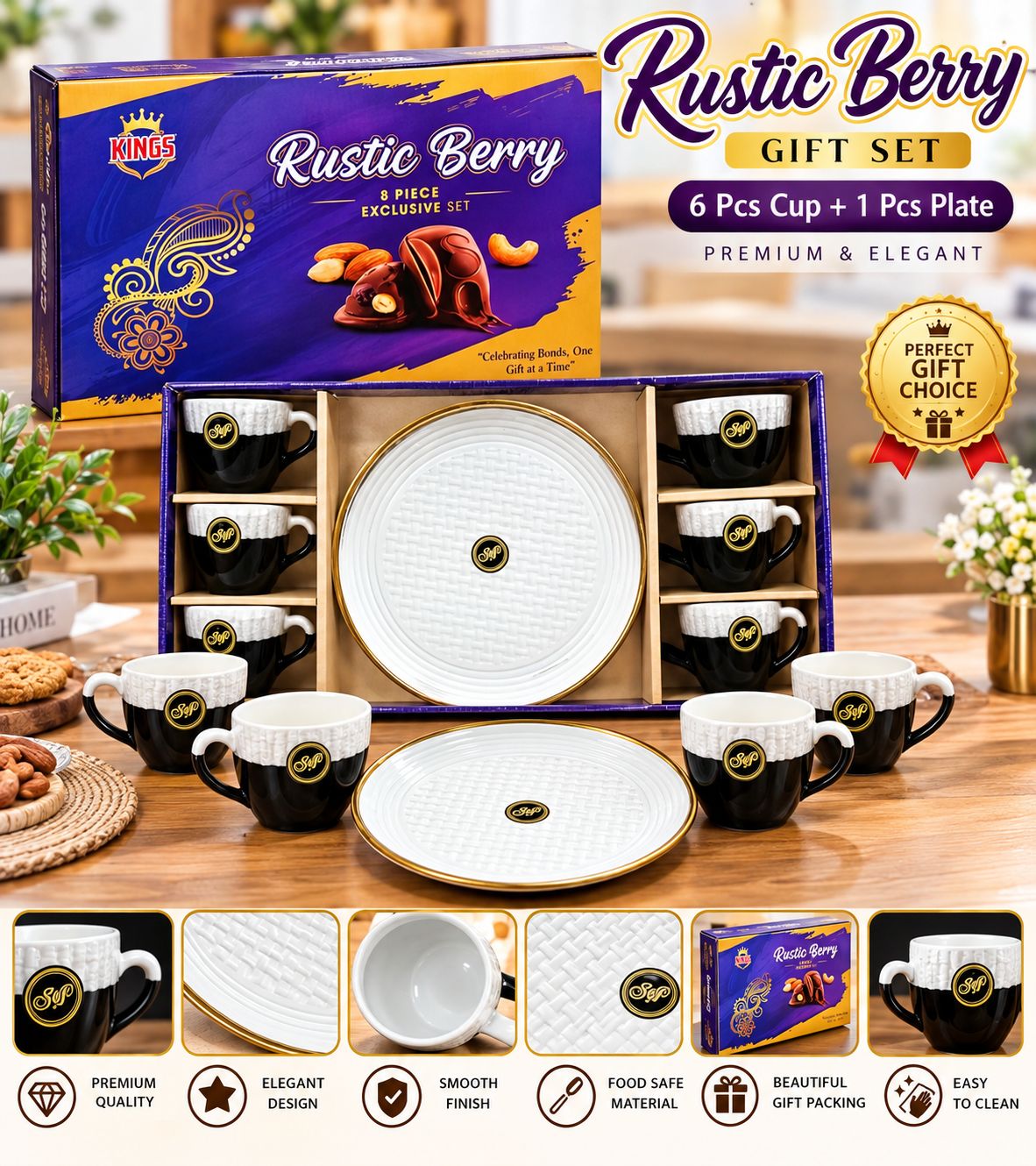 Rustic Berry Gift Set – 6 Tea Cups + Round Platter