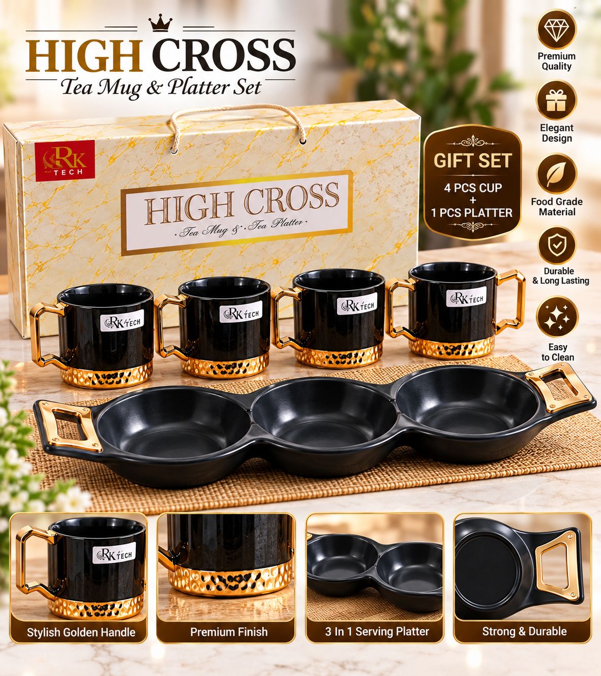 High Cross Gift Set – 4 Premium Cups + 1 Platter