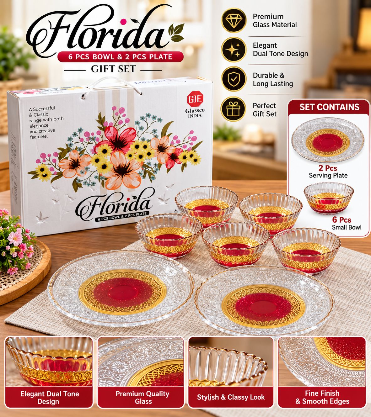 Florida Gift Set – 6 Glass Bowls + 2 Serving Plates