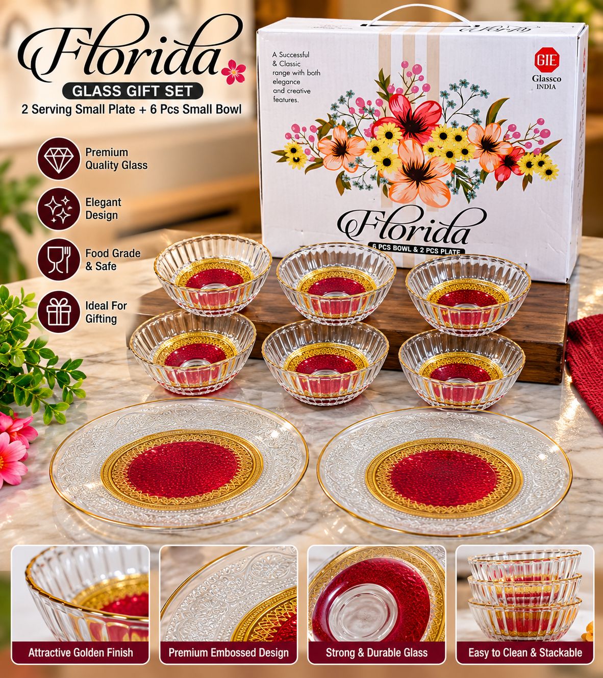 Florida Gift Set – 6 Glass Bowls + 2 Serving Plates