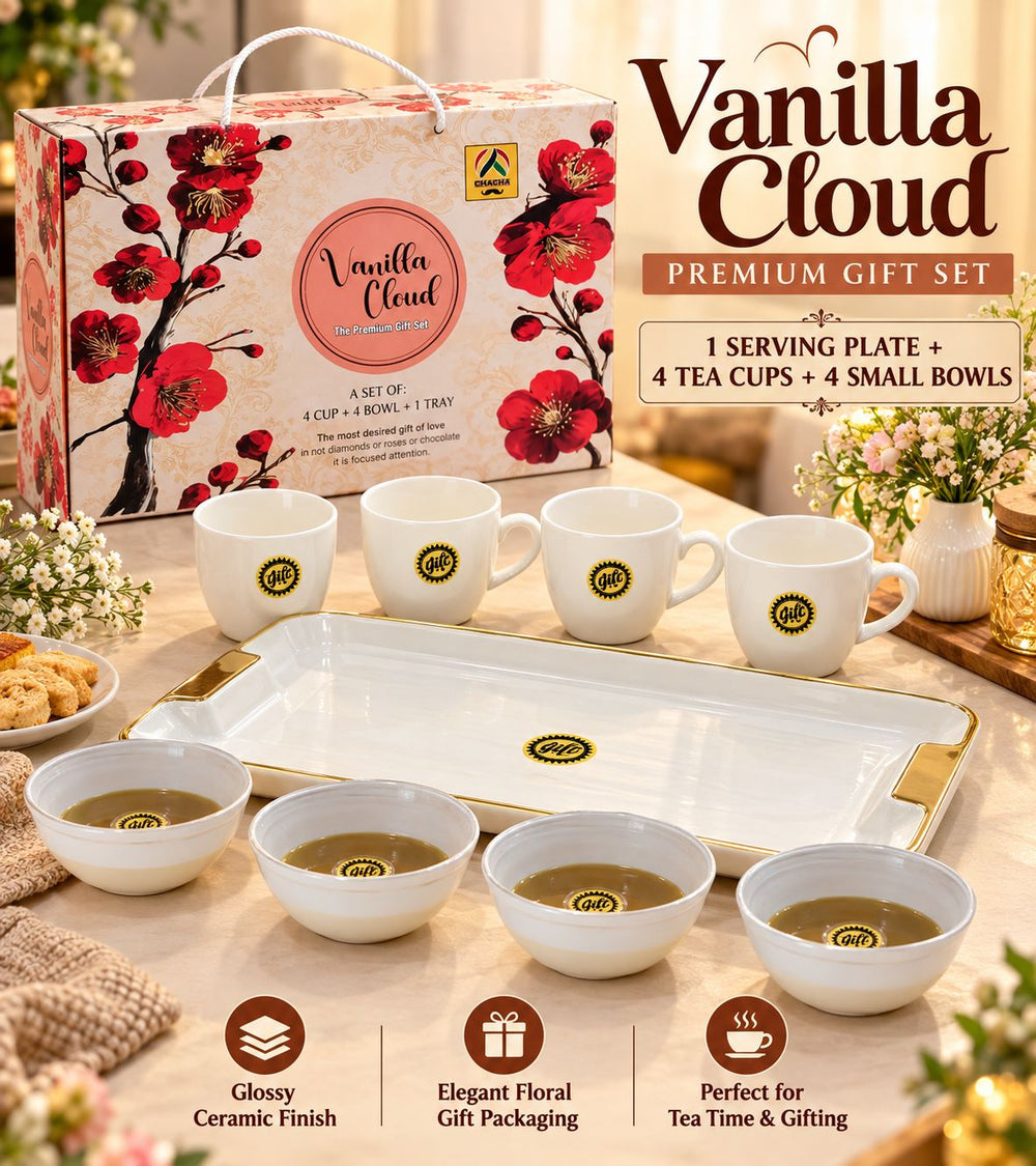 Vanilla Cloud Gift Set – 9 Pcs (Plate, 4 Bowls, 4 Cups)