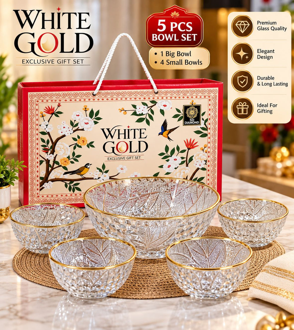 White Gold Gift Set – 4 Small Glass Bowls + 1 Big Bowl