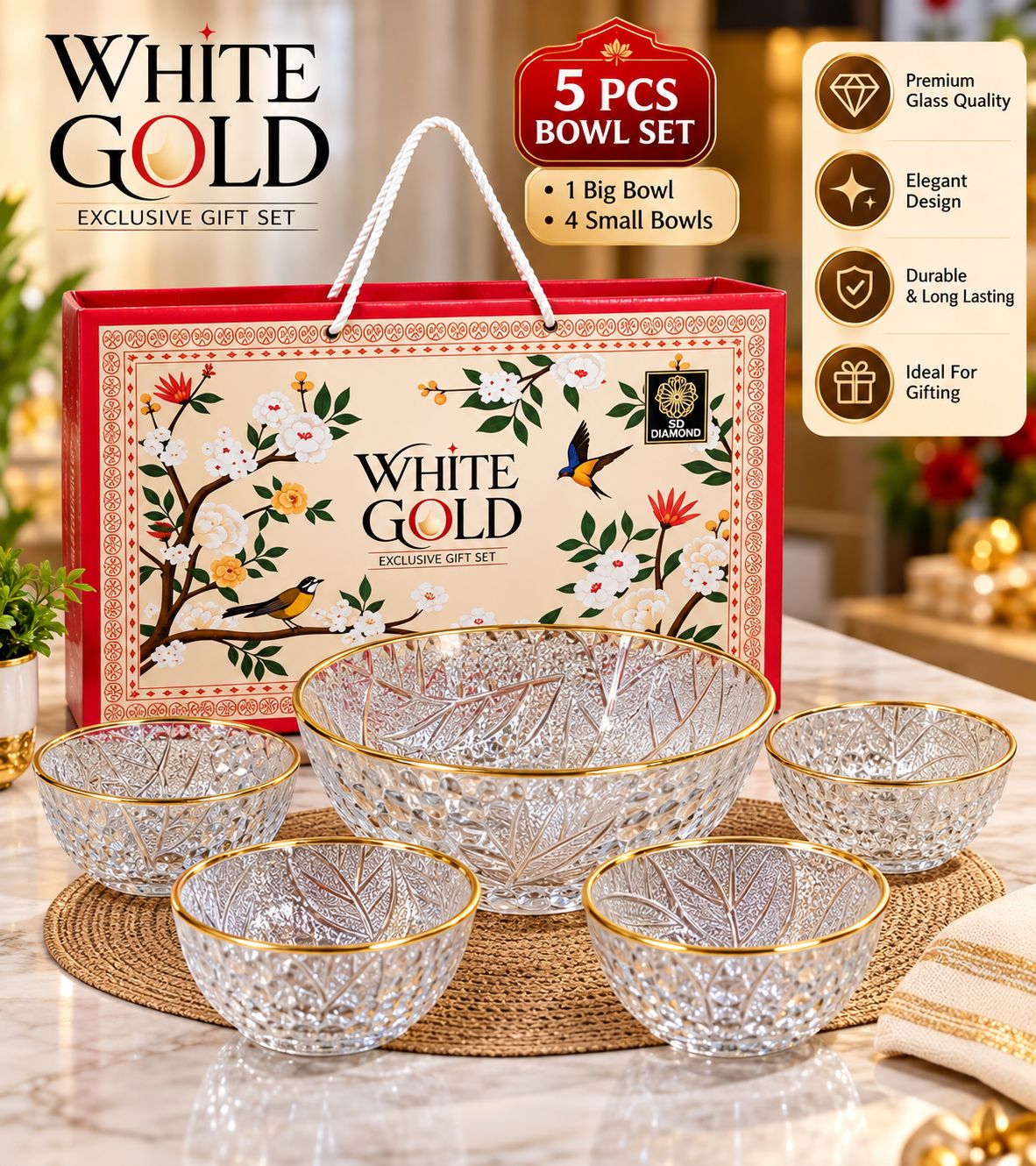 White Gold Gift Set – 4 Small Glass Bowls + 1 Big Bowl