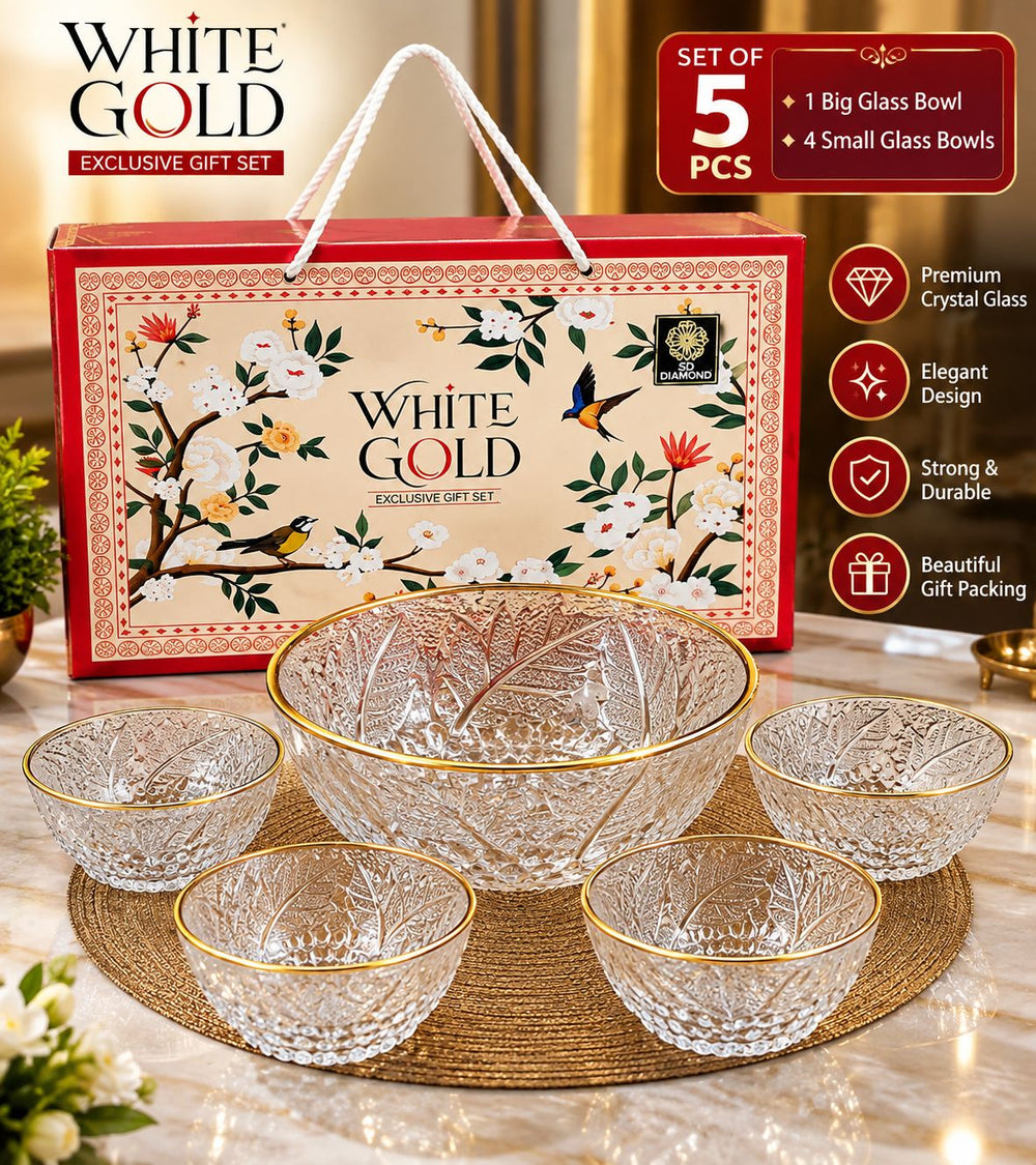 White Gold Gift Set – 4 Small Glass Bowls + 1 Big Bowl