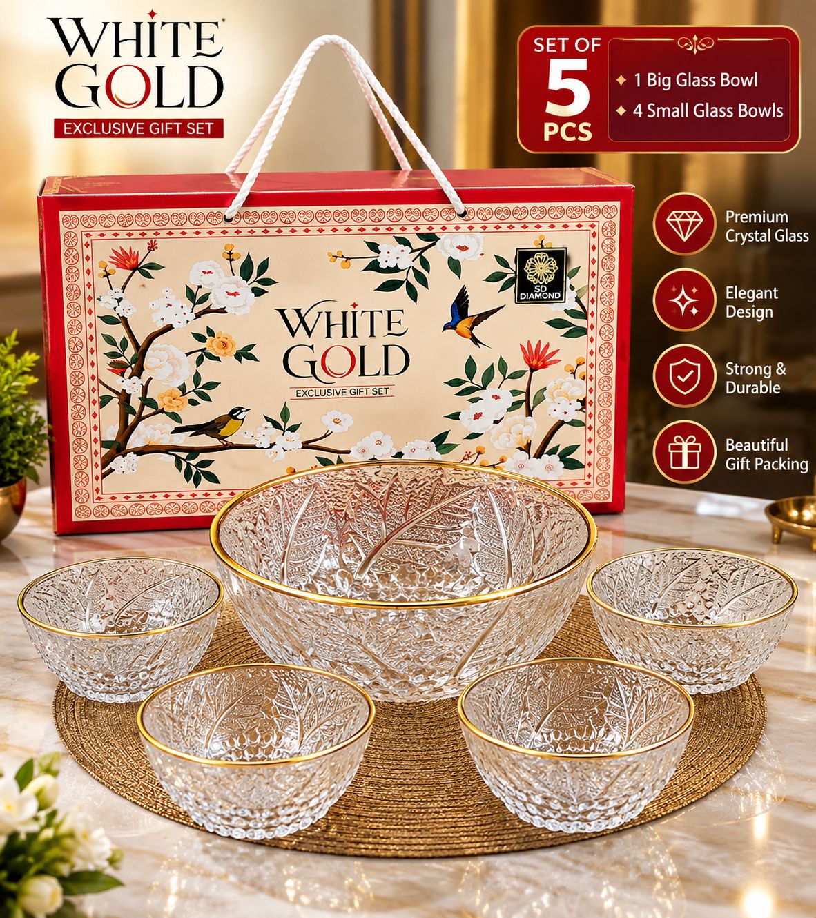 White Gold Gift Set – 4 Small Glass Bowls + 1 Big Bowl