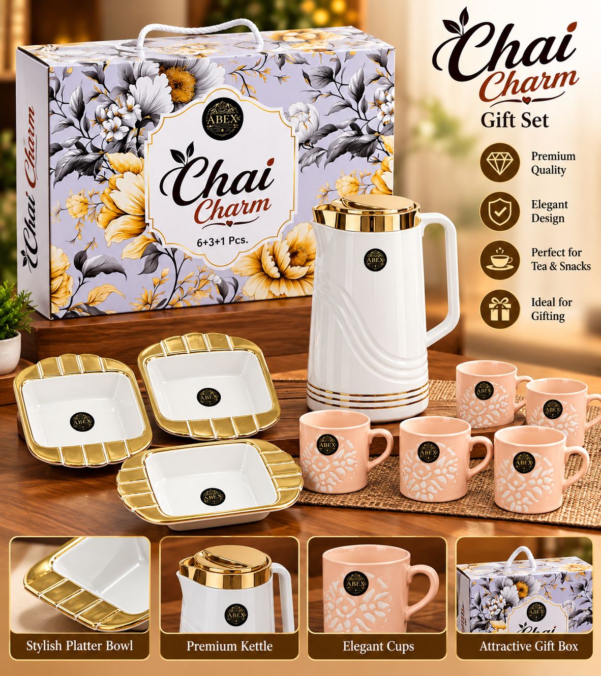 Chai Charm Gift Set – Kettle + 6 Tea Cups + 3 Platters