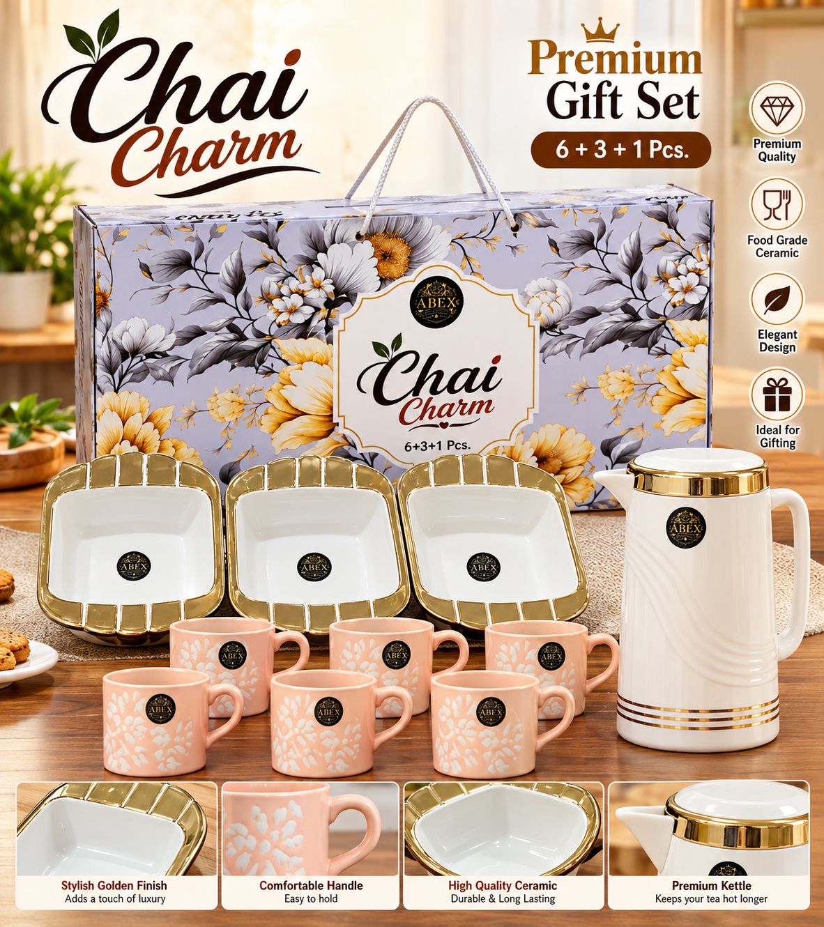 Chai Charm Gift Set – Kettle + 6 Tea Cups + 3 Platters