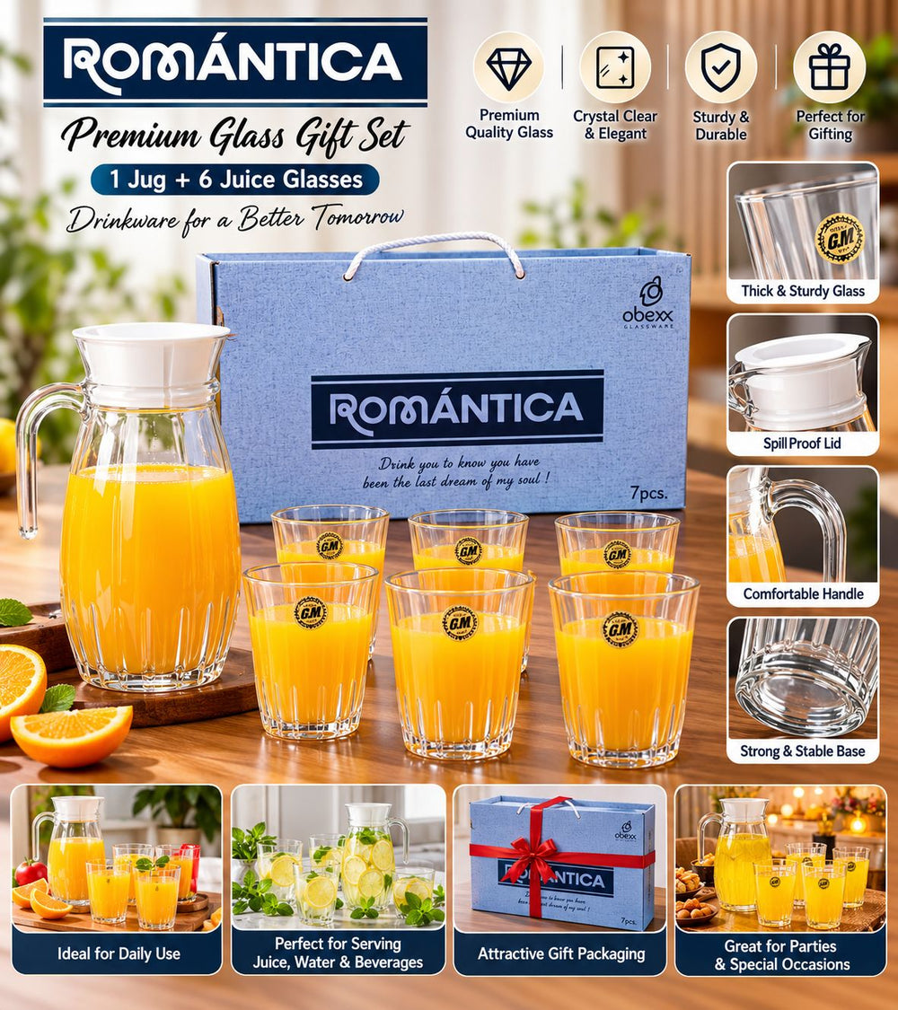 Romantics Glass Jug Set – 1 Jug + 6 Glasses