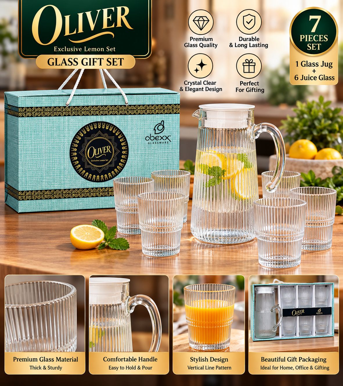 Oliver Glass Jug Set – 1 Jug + 6 Glasses