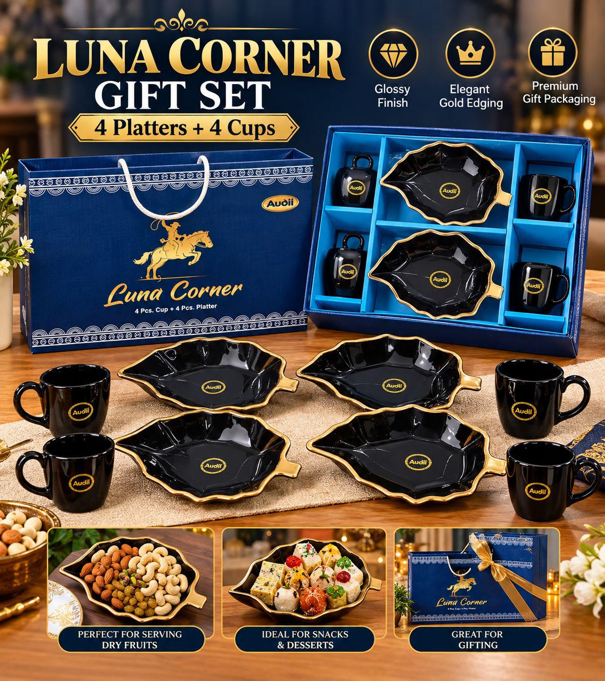 Luna Corner Gift Set – 4 Cups + 4 Platters