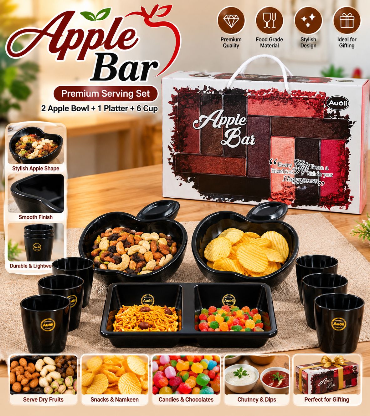 Apple Bar Gift Set – 6 Cups + Platter + 2 Apple Bowls