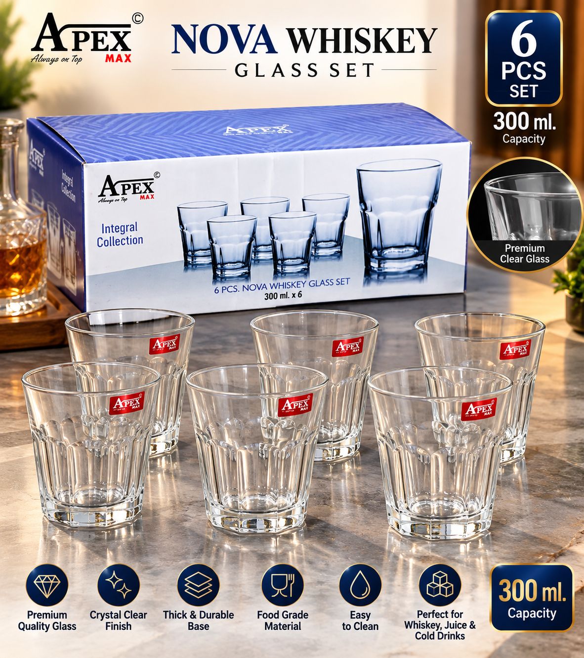Nova Whiskey Glass Set – 6 × 300 ml