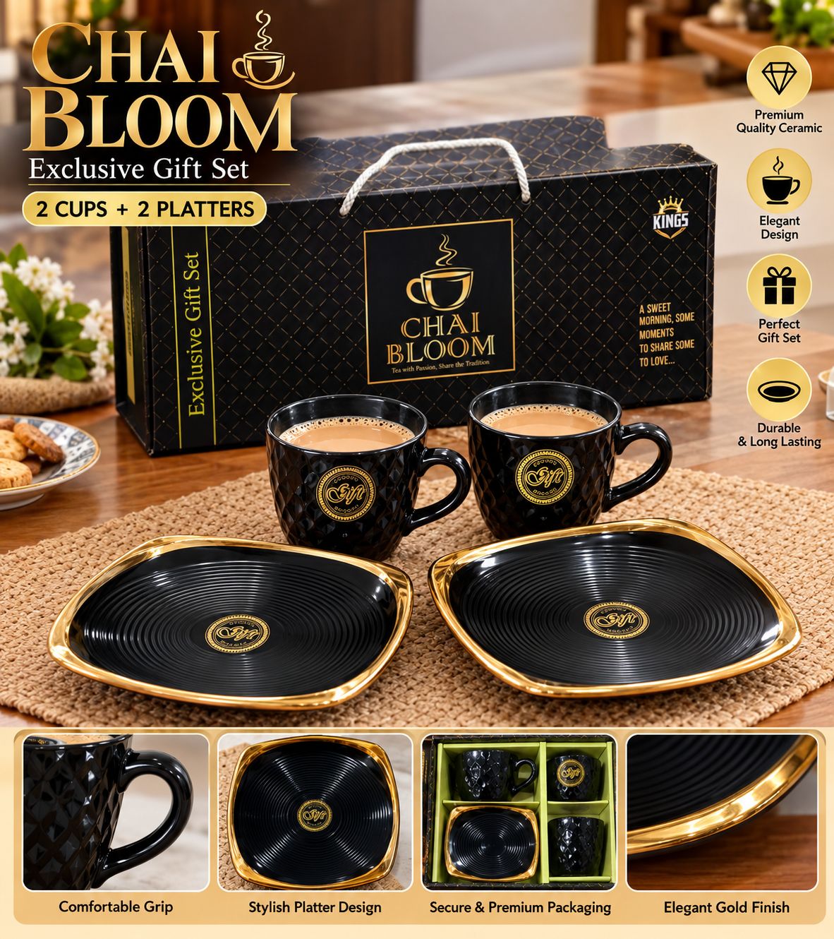 Chai Bloom Gift Set – 2 Cups + 2 Platters