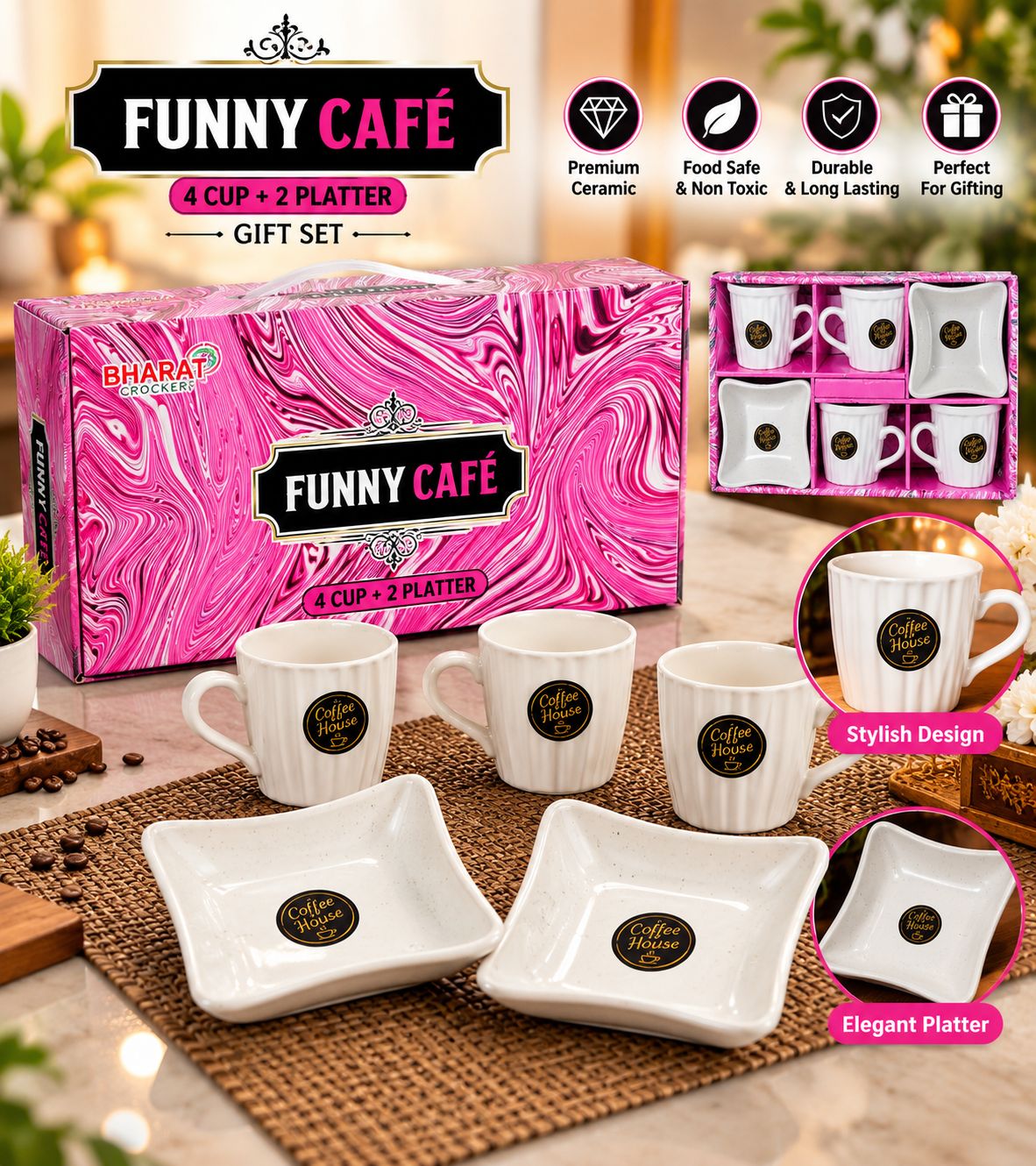 Funny Café Gift Set – 4 Cups + 2 Platters