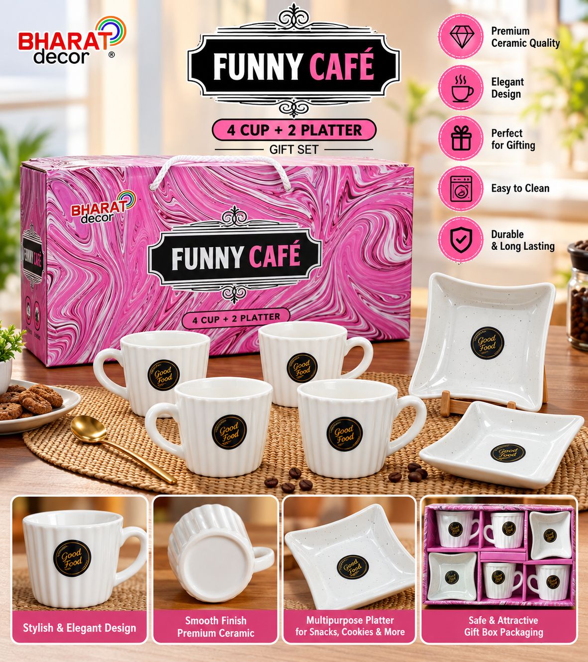Funny Café Gift Set – 4 Cups + 2 Platters