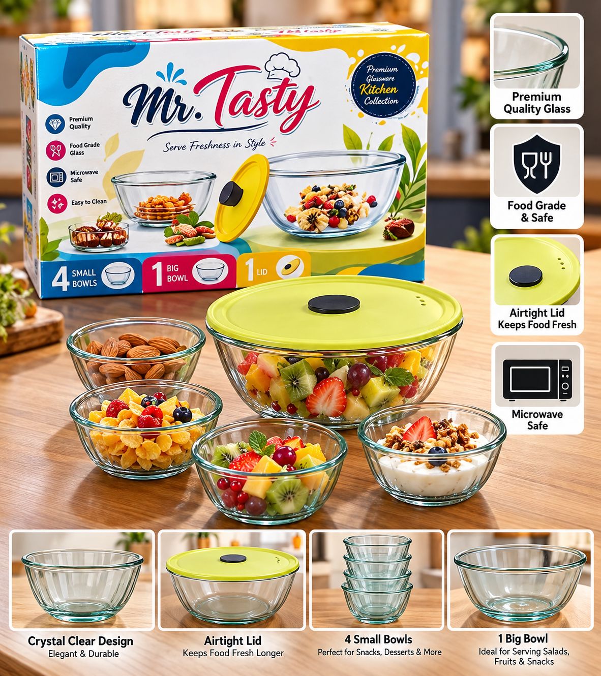 Mr. Tasty Gift Set – 4 Glass Bowls + Big Bowl with Lid