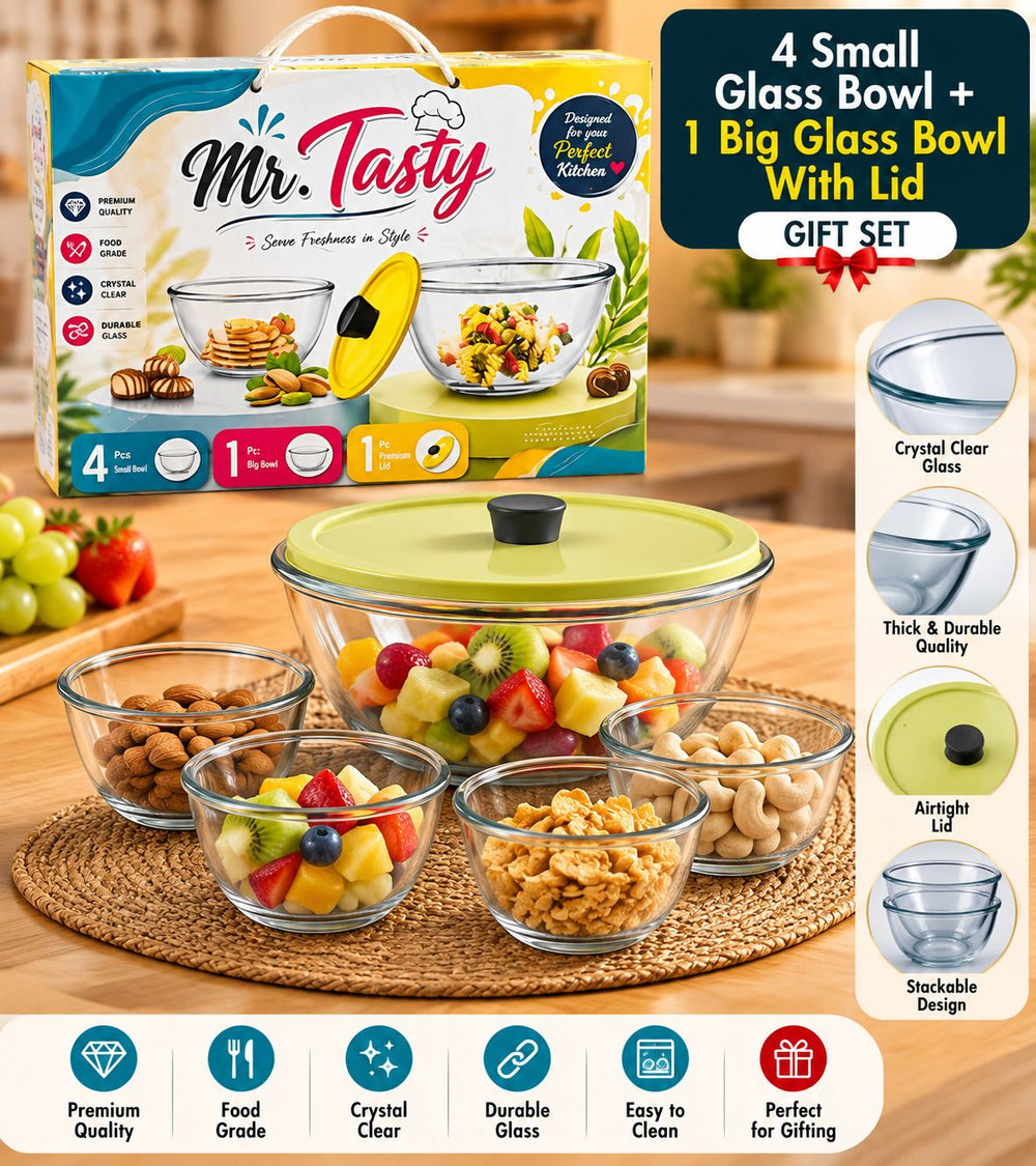 Mr. Tasty Gift Set – 4 Glass Bowls + Big Bowl with Lid