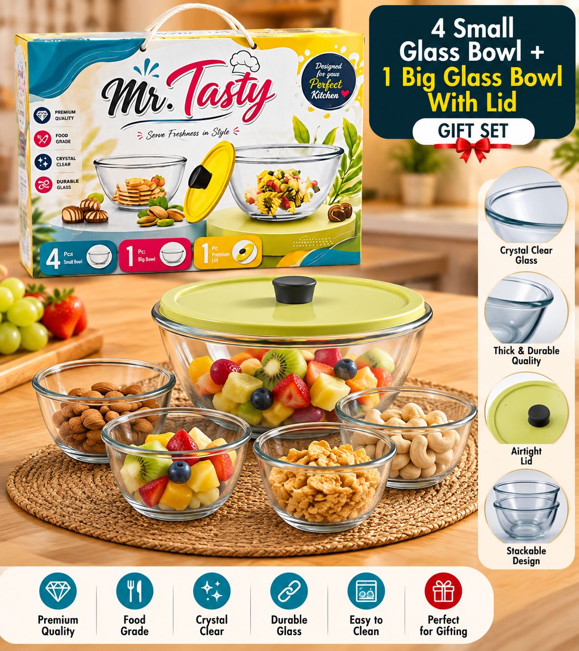Mr. Tasty Gift Set – 4 Glass Bowls + Big Bowl with Lid